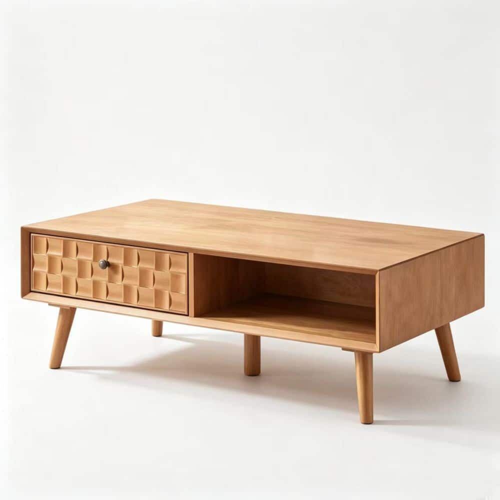 Modern Natural Walnut Engineered Wood 42.75 in. Rectangle Wood Coffee Table with 2 Drawers for Living Room