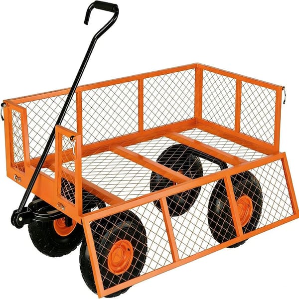 Heavy Duty 900 LBS Orange Steel Garden Cart with Removable Sides, 2-in-1 Handle