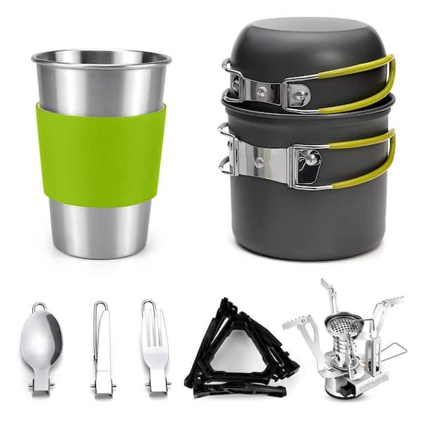 Camping Series 9-Piece Aluminum Nonstick Cookware Set - W/ Stove, Carabiner, Canister Stand, Tripod & Cup, in Green