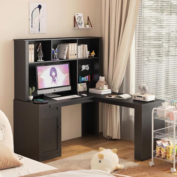 J&E Home 59 in. L-Shaped Black Wood 3-Drawer Computer Corner Study Writing Desk with Storage, Shelves, and Door