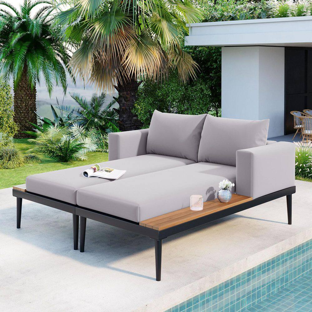 2-Pieces Wood Outdoor Adjustable Chaise Lounge with Gray Cushions and Side Table price history on PriceWatchPro