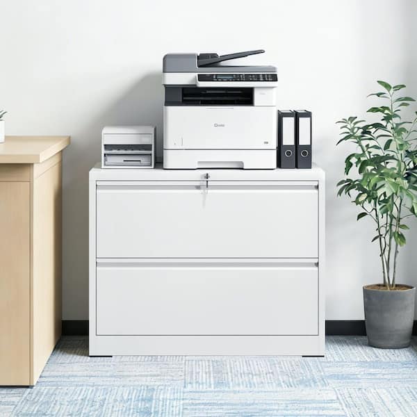 Belira Modern 2-Drawer White Metal 35.43 in. W Lateral Vertical Locking Storage File Cabinet