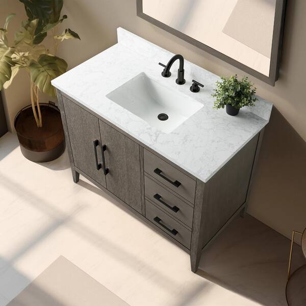 Vanity Art 42 in. W x 22 in. D x 34 in. H Single Sink Bathroom Vanity in Driftwood Gray with Engineered Marble Top