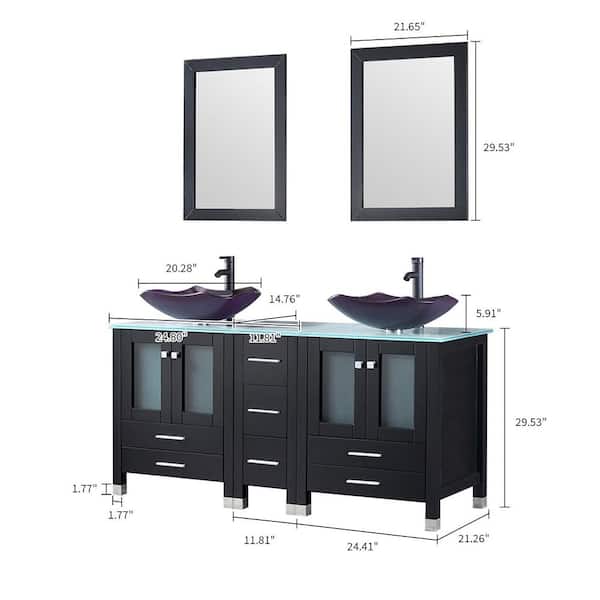 60 in. W x 21.5 in. D x 61 in. H Double Sinks Bath Vanity in Black with Clear Glass Countertop and Mirror