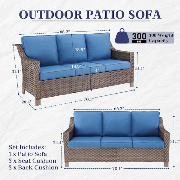 Skinny Guy Series 3-Seat Brown Wicker Outdoor Patio Sofa Couch with Cushion Guard Blue Cushions