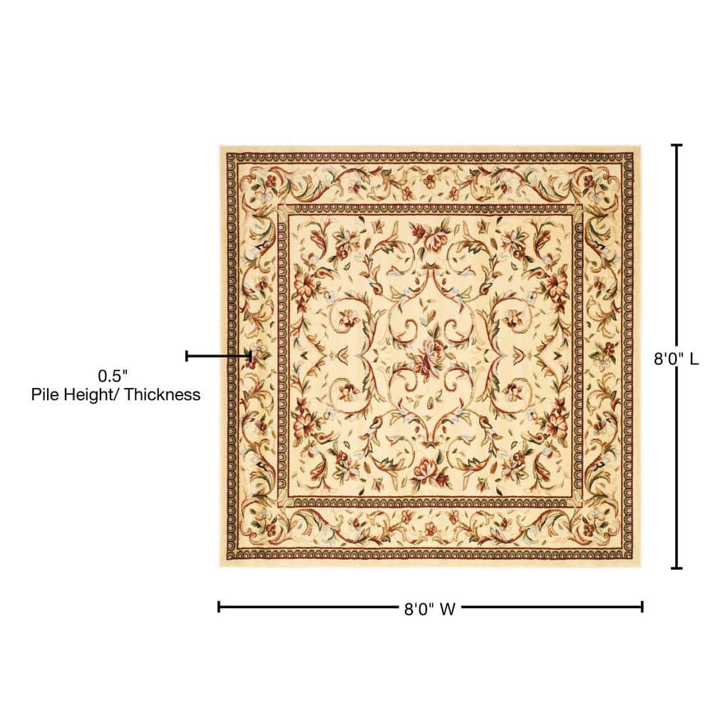 Ivory Floral Hand-Knotted Synthetic Square Rug, 8' x 8'