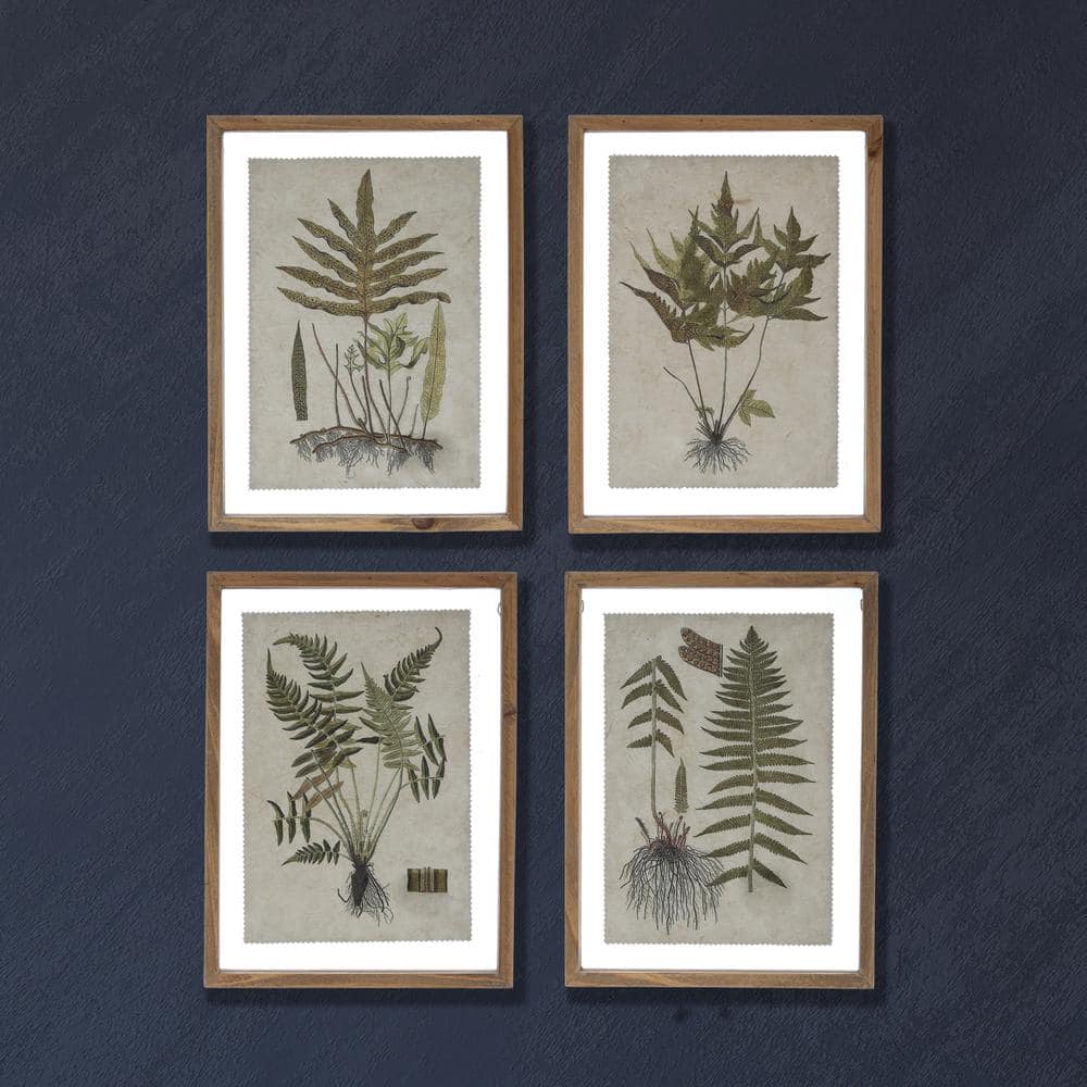 Set of 4 Green and Cream Botanical Prints with Natural Wood Frames