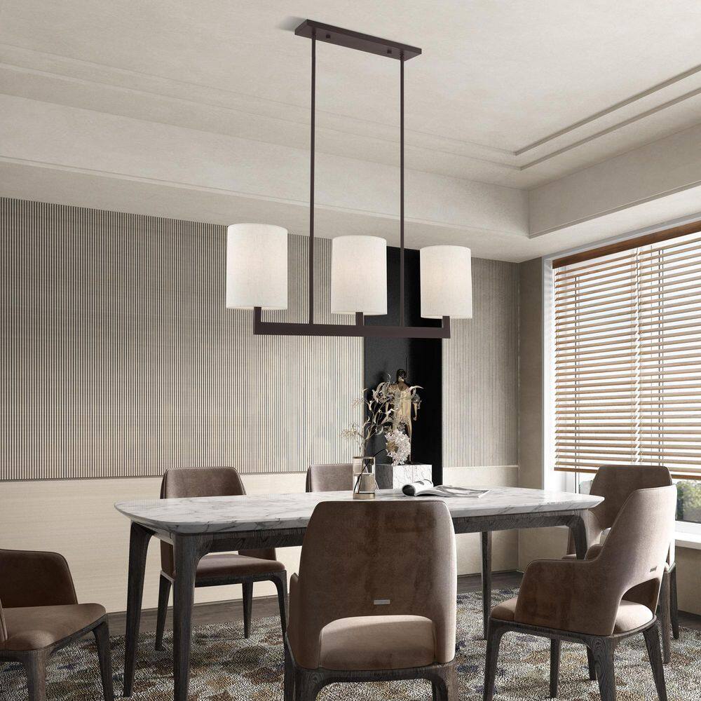 Bronze Steel 3-Light Linear Chandelier with Drum Shades