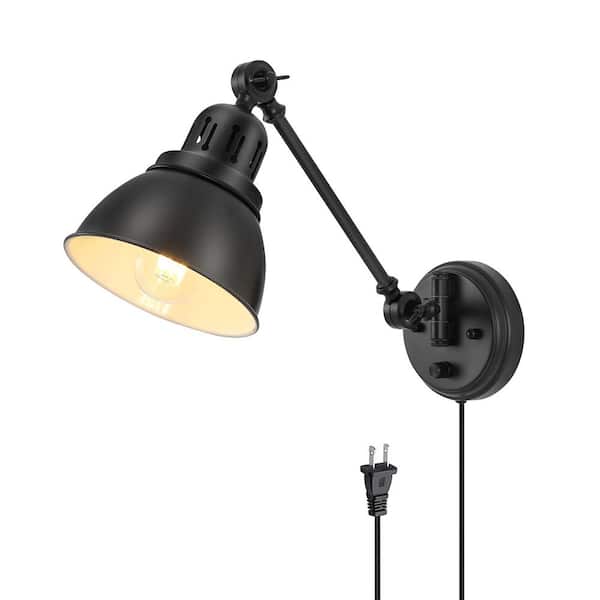 6 in. 1-Light Black Metal Wall Sconce with Adjustable Swing Arm and Dimmable Plug-In Fixture (Not Included Bulbs）