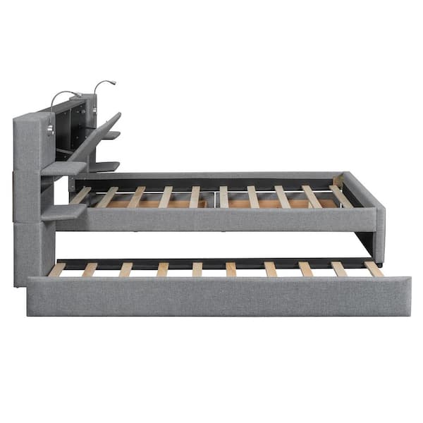 Gray Wood Frame Queen Linen Platform Bed with 2 Reading Lights, Trundle, 2 Drawers, Shelves, Hidden Storage Headboard