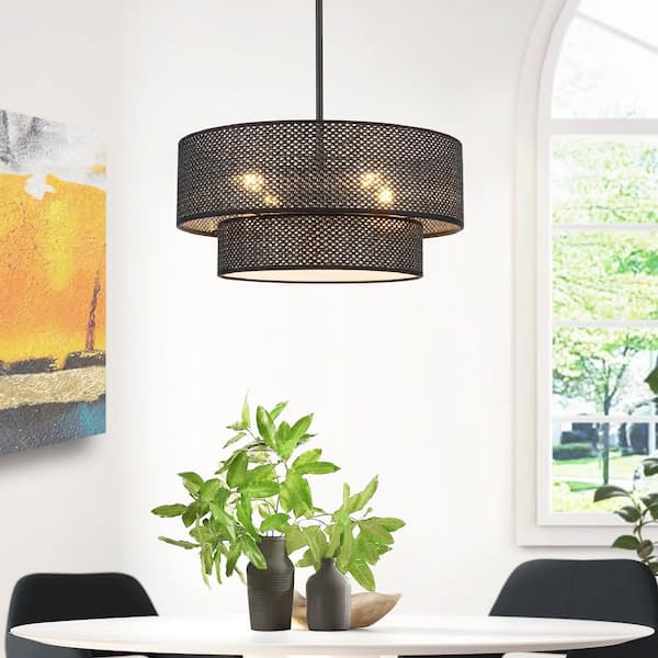 18 in. 4-Light Black Drum Shaded Chandelier with 2-tier Fabric Shade