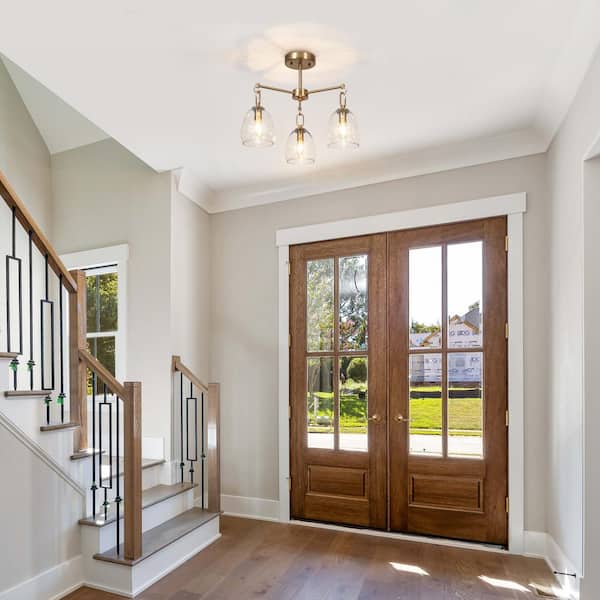 Modern 19.3 in. 3-Light Plated Brass Semi-Flush Mount with Bell Glass Shades