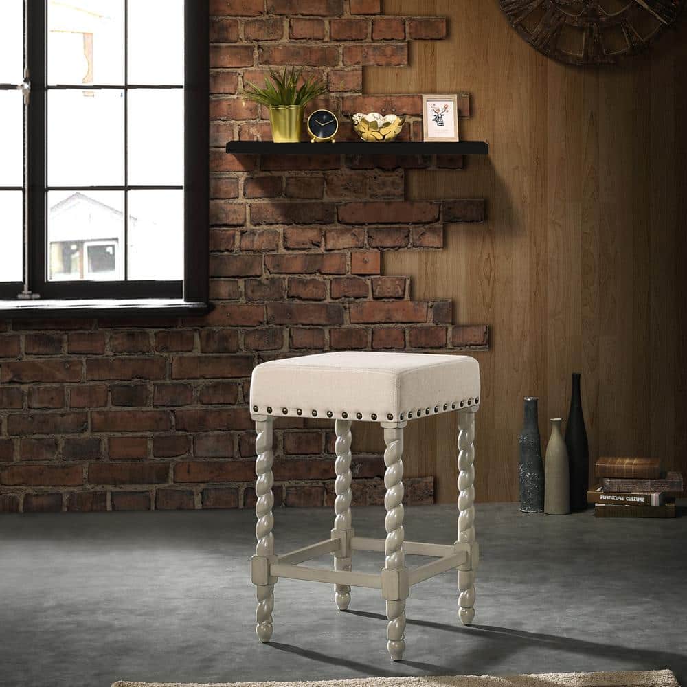 Weathered Gray 24" Rustic Farmhouse Metal & Wood Barstool with Leather Linen Seat