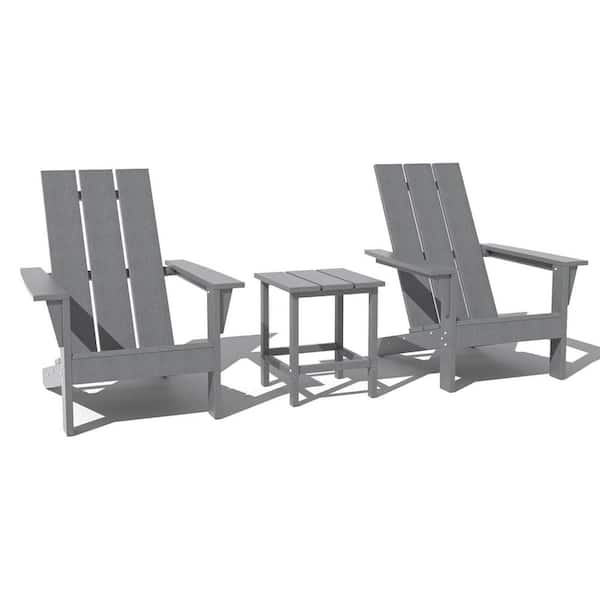 3-Piece Grey Weather Resistant Classic HDPE Poly Plastic Outdoor Adirondack Chair Set with 2 Chairs and Side Table
