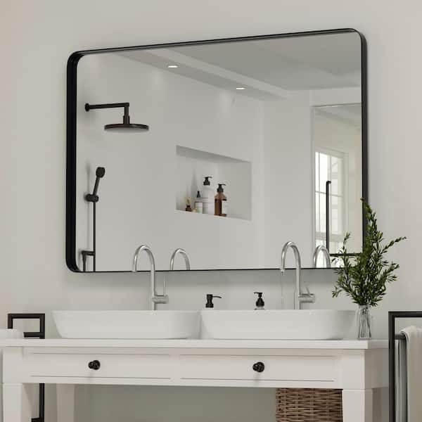 Black Metal Frame Rectangle Vanity Wall Mirror with Shelves