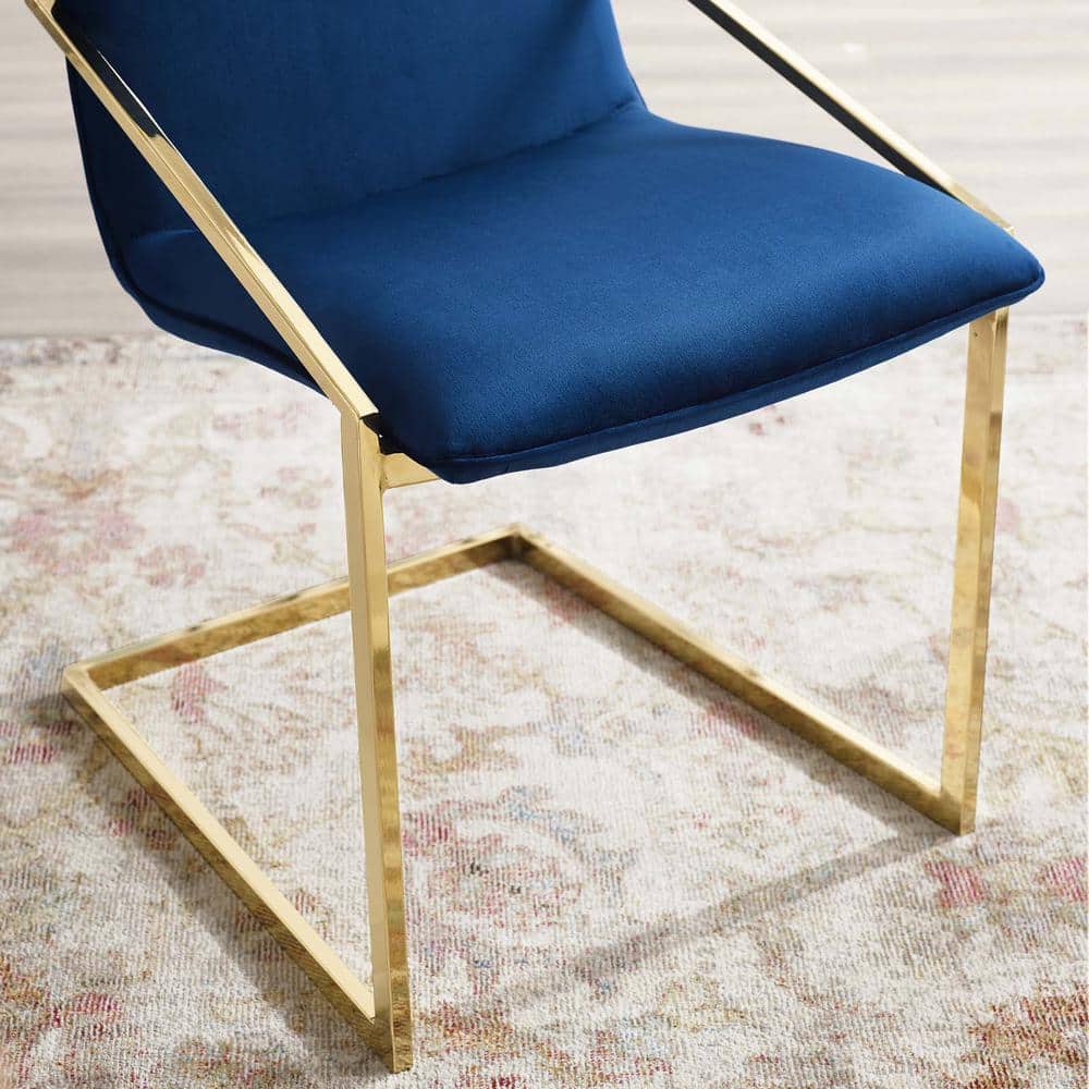 Elegant Gold Navy Velvet Upholstered Arm Chair with Geometric Metal Frame