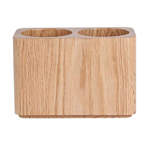 Oak Solid Wood Pen and Pencil Holder Desk Organizer Two Cup Stationery Storage for Office Home Table Accessories