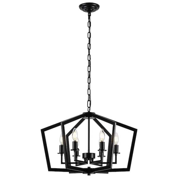 19.69 in. 6-Light Matte Black Hexagon Pendant Cage Design Chandelier with Metal Shade and No Bulbs Included For Foyer
