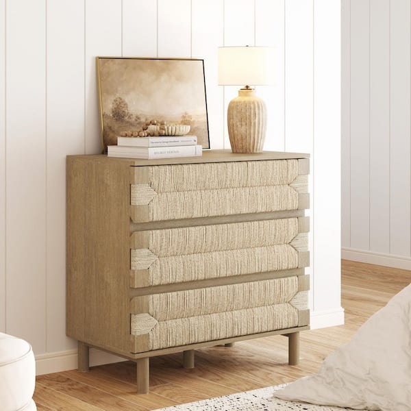 Nathan James Beacon Brushed Light Brown 3 Drawer 31 in. Bohemian Dresser with Wire Brushed Solid Wood Legs and Seagrass Drawer Front