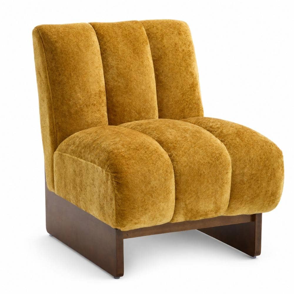 Modern Yellow Chenille Channel Tuft Armless Accent Chair with Solid Wood Base