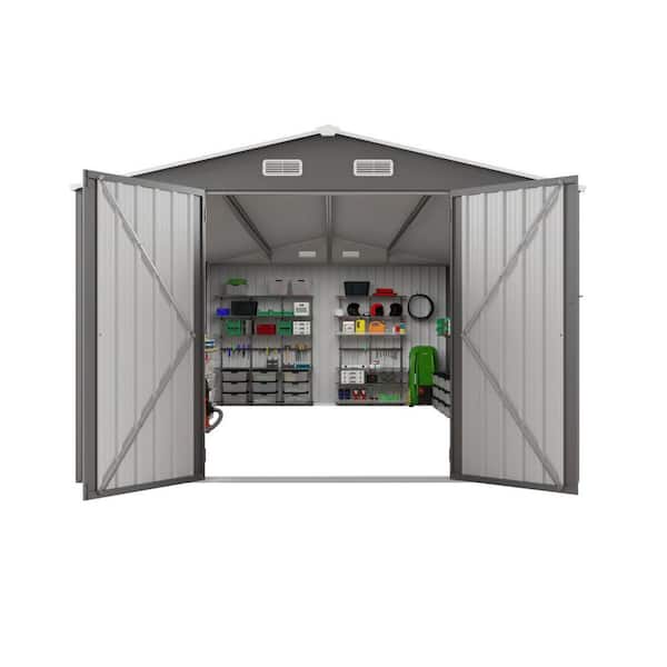 10 ft. W x 14 ft. D Metal Shed with Three Lockable Doors and Clear Window, Durable Garden Sheds in Grey (138 sq. ft. )