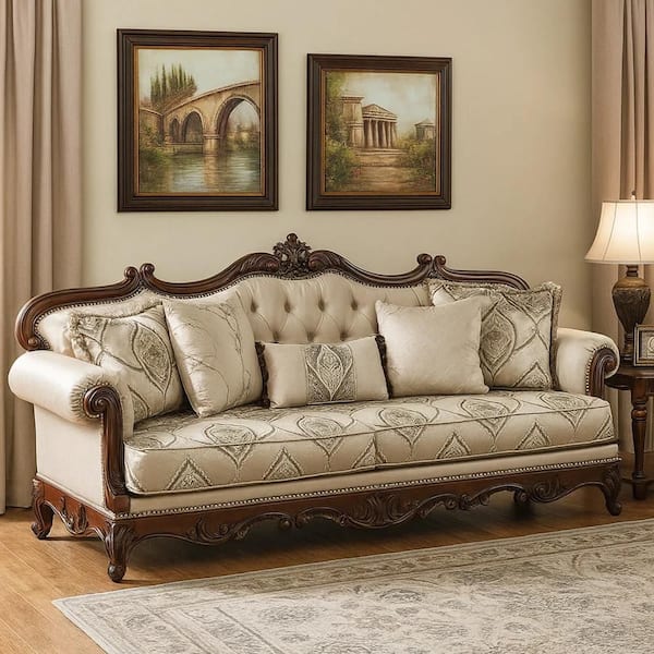 Vera 90 in. Round Arm Fabric Rectangle Sofa in. Cherry Brown and Beige