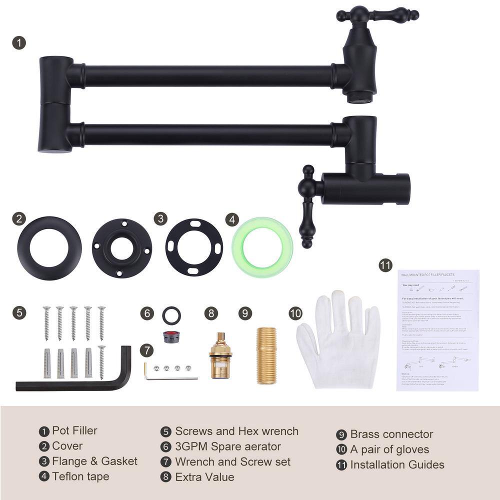 Matte Black Brass Wall Mounted Pot Filler Faucet with Double Joint Swing Arms