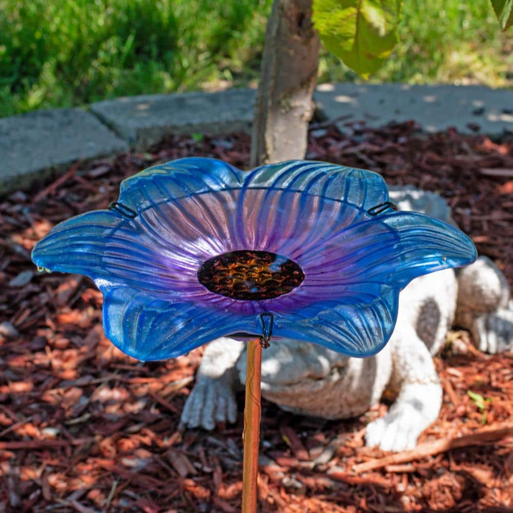 Blue Glass Flower Bird Bath with Copper Stake and Black Clamp
