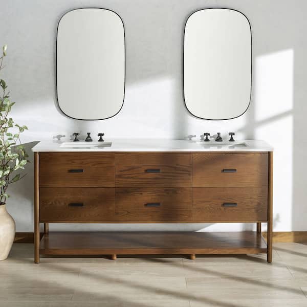 Jaylessa 72" Double Sink Medium Oak Bath Vanity with White Marble Top