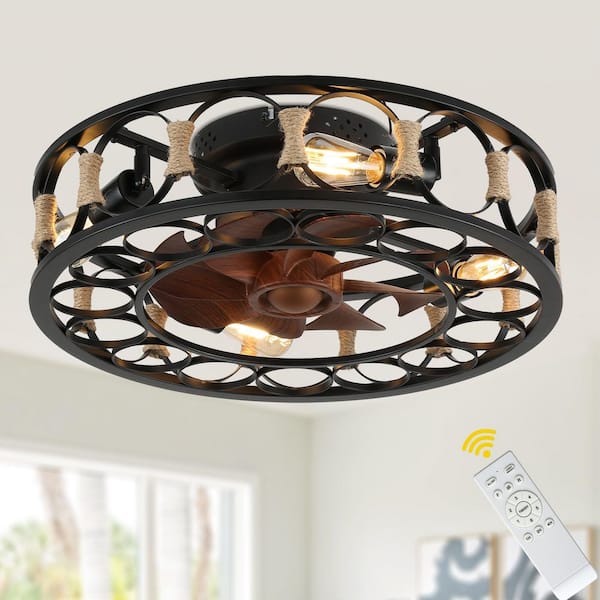 Bella Depot Magdelana 19 in. Indoor Black Farmhouse Caged Ceiling Fan with Light Kit and Remote, Flush Mount Reversible Fanderlier
