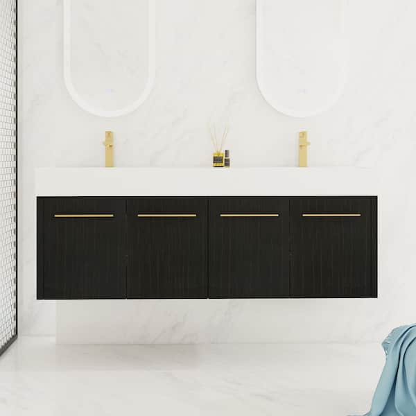 60 in. Double Sink Floating Black Bath Vanity with White Resin Top, Soft Closing Hinges, 4 Doors