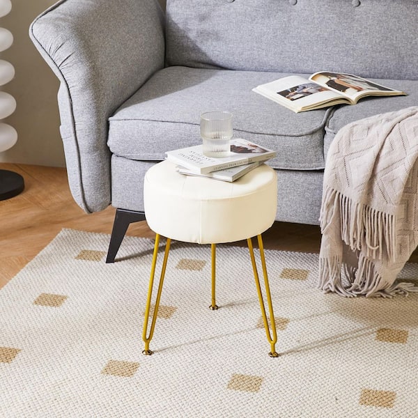 white leather dressing table stool Felicity Upholstered Vanity Stool Metallic & Glossy White Finish, Ta Decor Plus Furniture