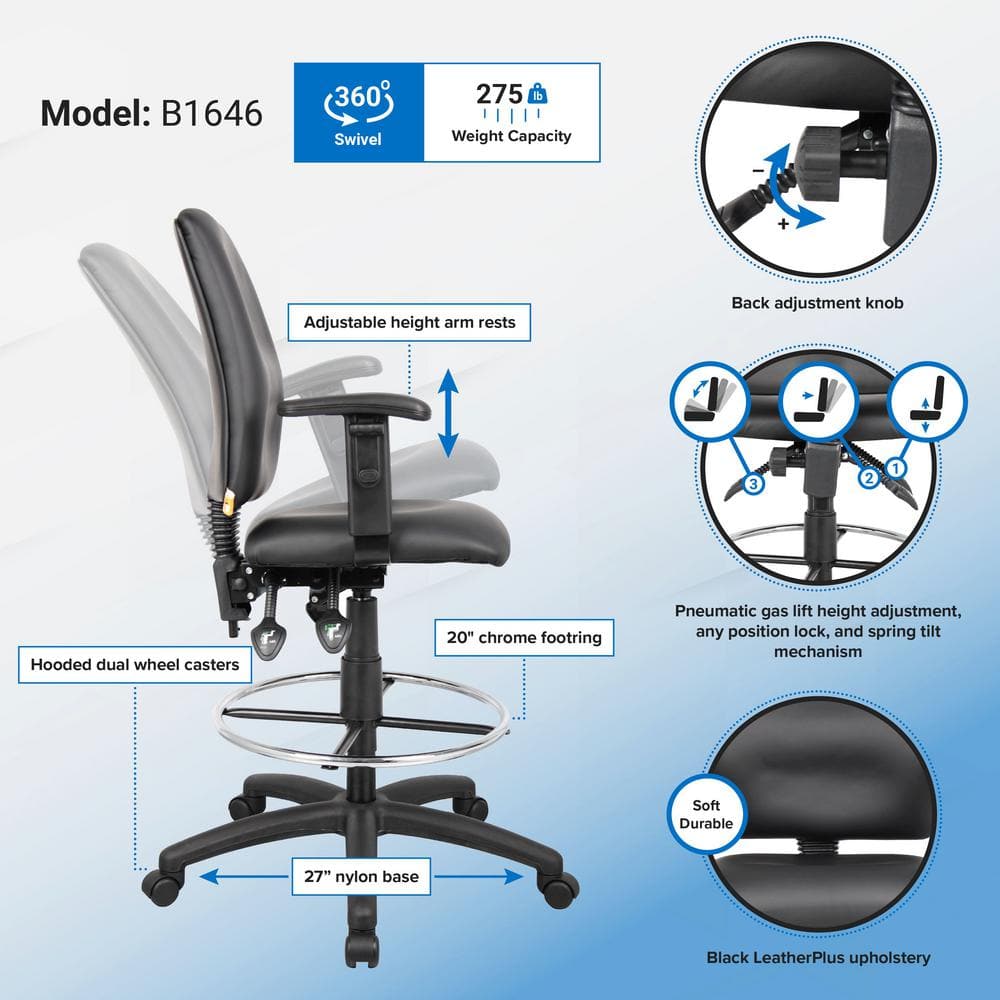 Adjustable Black LeatherPlus Drafting Chair with Swivel & Chrome Footring