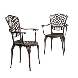 Arden 2-Piece Cast Aluminum Outdoor Patio Dining Chairs Set with Lattice Weave Design in Bronze