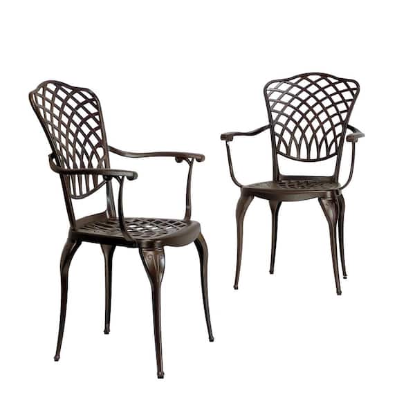 Kinger Home Arden 2-Piece Cast Aluminum Outdoor Patio Dining Chairs Set with Lattice Weave Design in Bronze