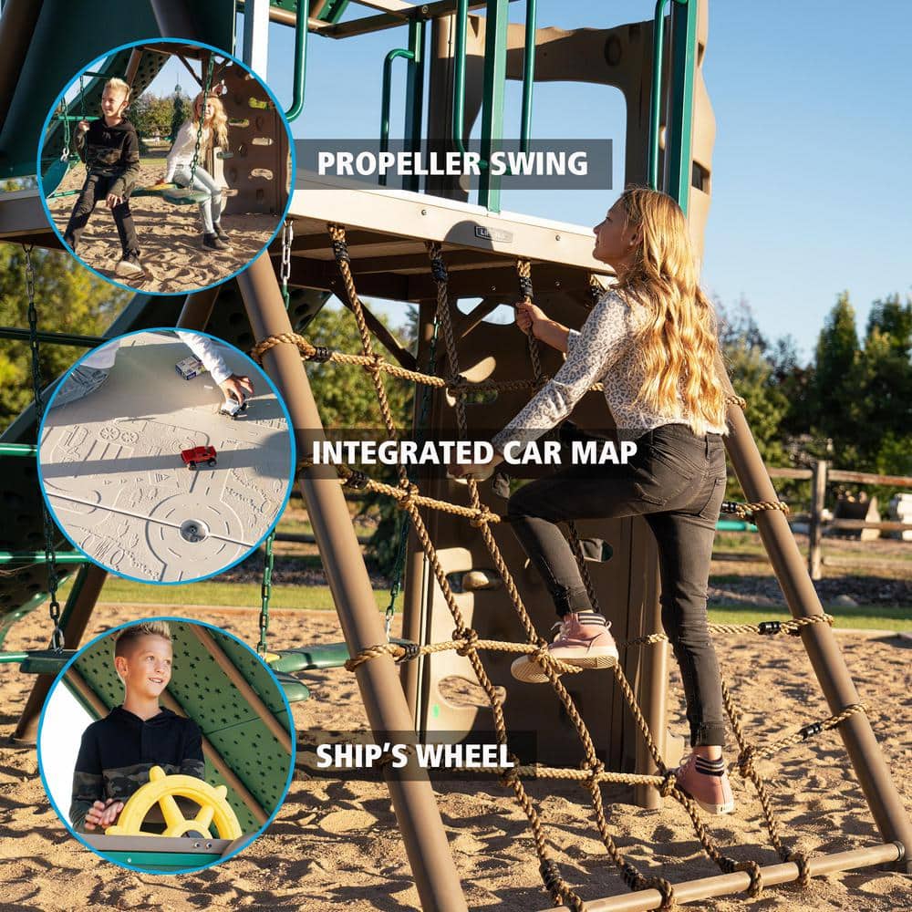 Lifetime Green and Brown Metal Swing Set with Slide and Climbing Wall