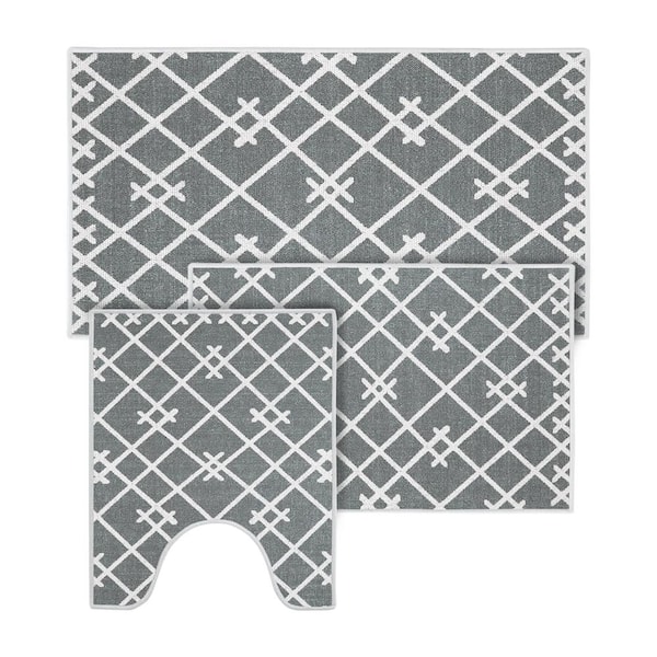 SUSSEXHOME Gray-Blue Color Geometric Trellis Design Cotton Non-Slip  Washable Thin 3-Piece Bathroom Rugs Sets BTH-OT-01-Set - The Home Depot