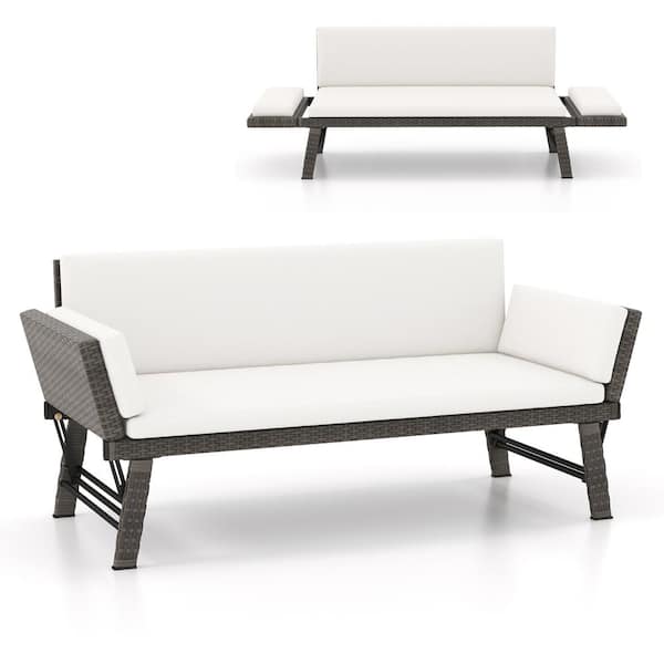 ANGELES HOME Wicker Outdoor Convertible Sofa Day Bed with Off White Cushions, Adjustable Armrests for Balcony