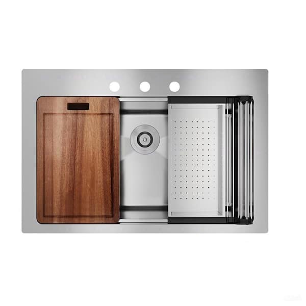 33 in. Drop-In Single Bowl 3-Faucet Holes 18-Gauge Brushed Stainless Steel Workstation Kitchen Sink with Accessories