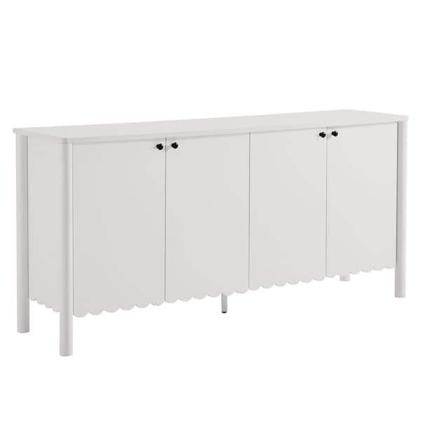 Emmeline 4-Door Scalloped Sideboard in White – 66 Inch Modern Buffet Cabinet with Adjustable Shelves