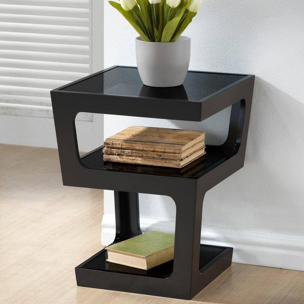 Black Modern End Table with 3-Tiered Glass Shelves