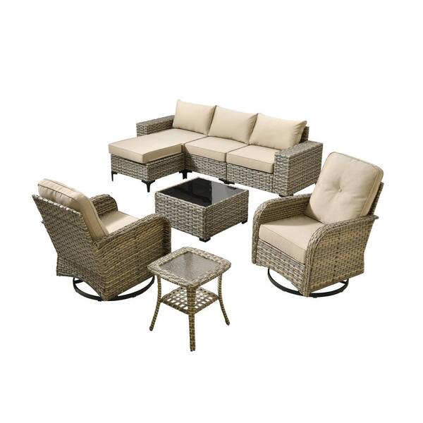 Verano 8-Piece Wicker Patio Conversation Sofa Seating Swivel Rocking Chairs Set with Ottoman and Beige Cushions