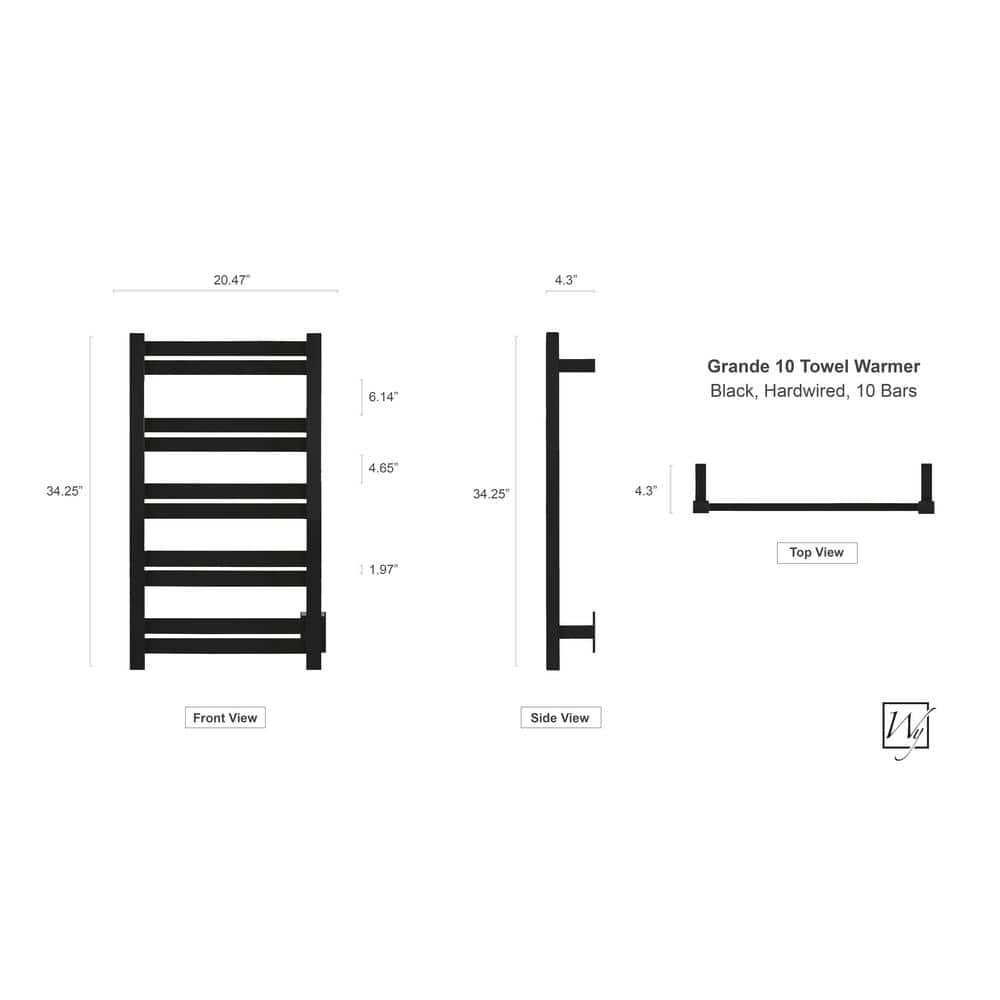 Grande 10-Bar Black Stainless Steel Wall-Mounted Towel Warmer