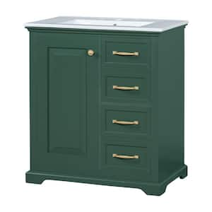 30 in. W x 18.3 in. D x 34 in. H Single Sink Bath Vanity in Green with White Ceramic Top, 3 Drawers and Door Shelf