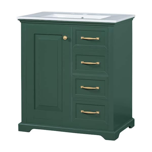 Zeus & Ruta 30 in. W x 18.3 in. D x 34 in. H Single Sink Bath Vanity in Green with White Ceramic Top, 3 Drawers and Door Shelf