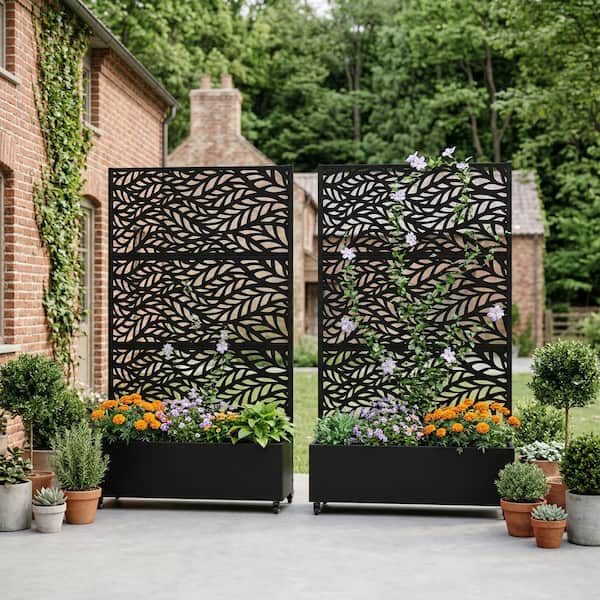72 in. H x 47 in. W x 16 in. L Metal Black Rectangle Pots and Planter Raised Box with Trellis (Set of 2)