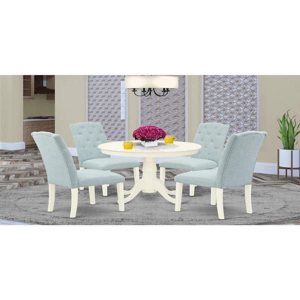 East West Furniture 5-Piece Round Linen White Finish Solid Wood Top Dining Table with 4-Parson Chair with Lattice Back