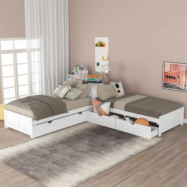 Polibi Modern White Twin Size L-shaped Platform Bed with Trundle and Drawers Linked with Built-in Desk