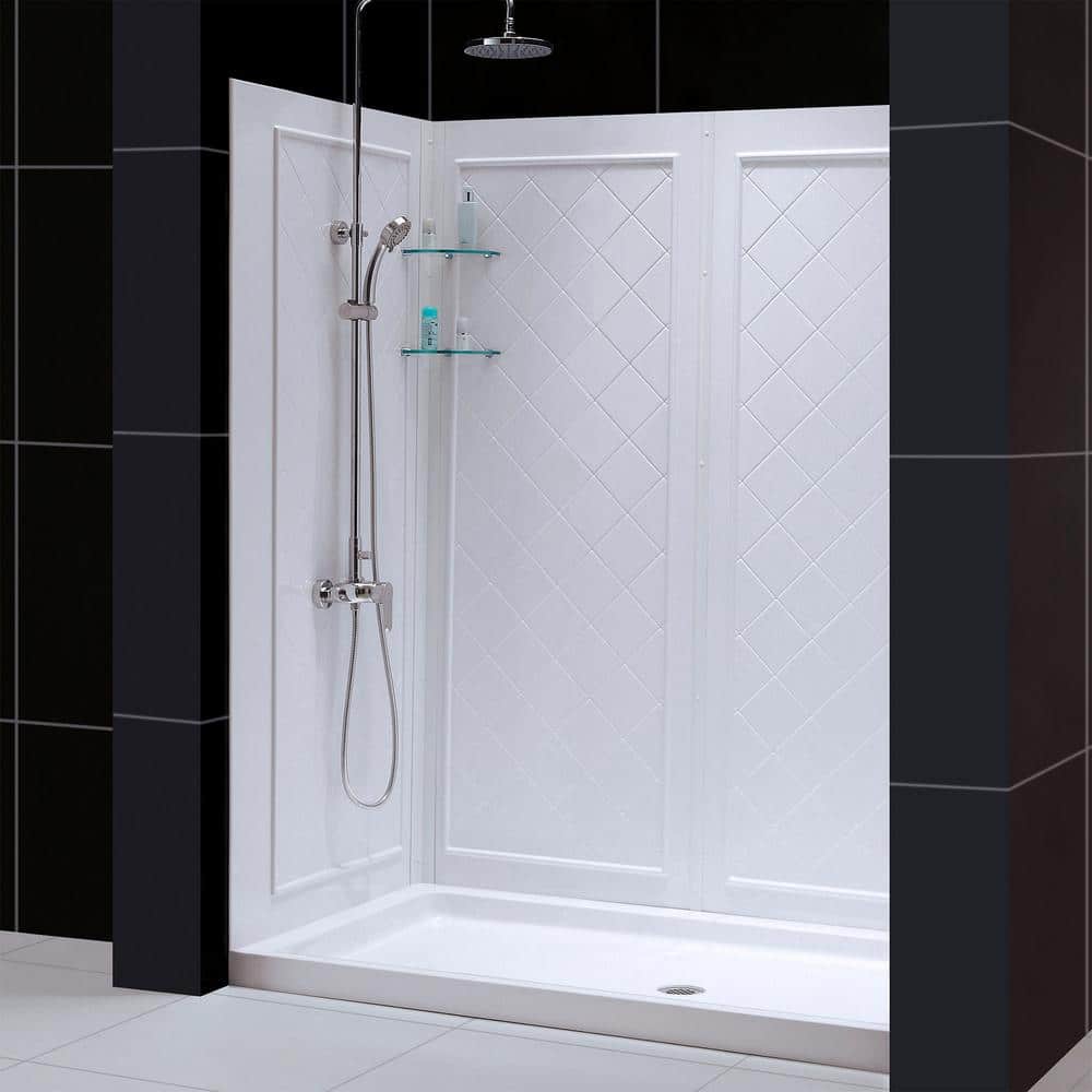 White Acrylic Alcove Shower Kit with Tile Pattern Walls