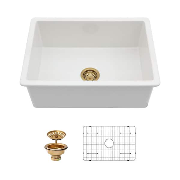 27 in. Undermount Single Bowl Glossy White Ceramic Kitchen Sink with Strainer
